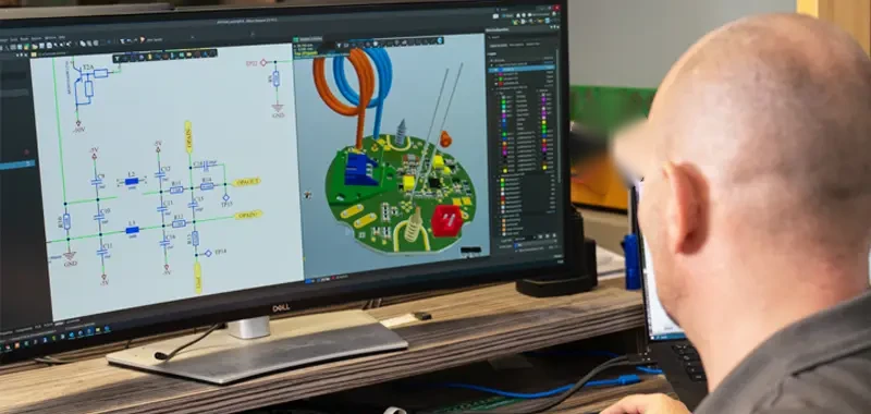 Entwickler vor einem Monitor mit Schaltplan und Platinenlayout